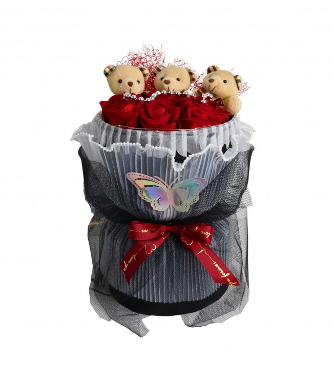 Sevdiklerinize Özel Kırmızı Güllü Ayıcıklı Silindir Buket