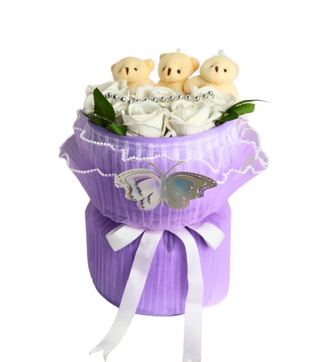 Sevdiklerinize Özel Beyaz Güllü Ayıcıklı Silindir Buket