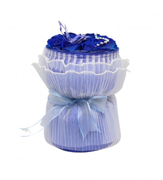 Sevdiklerinize Özel Mavi Güllü Tüllü Silindir Buket